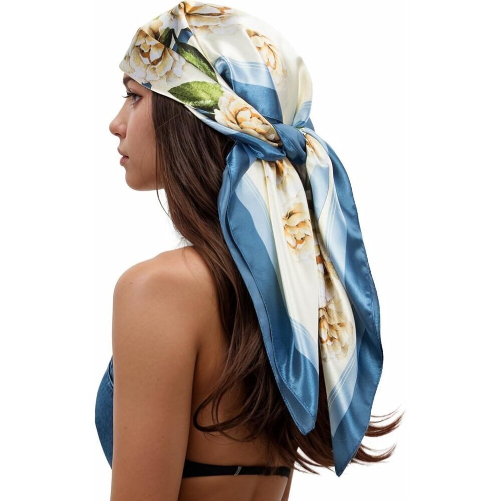 Women's Blue/Ivory Head Scarf Like Silk Printed Square Hair Bandanas 35 Inches